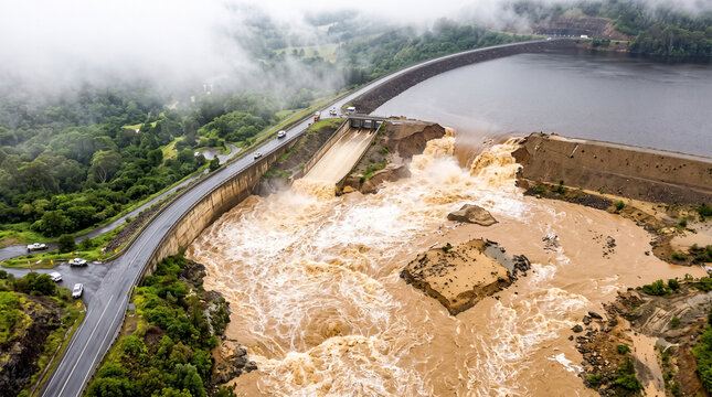 Aerial view of a dam failure with water overflowing and eroding the embankment during a severe flood event in a rural landscape