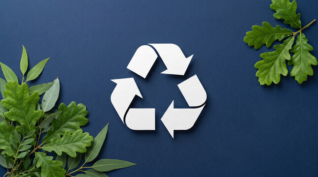 Recycling symbol made of white paper cut out on a dark blue background with green leaves, concept of environmental protection and sustainability