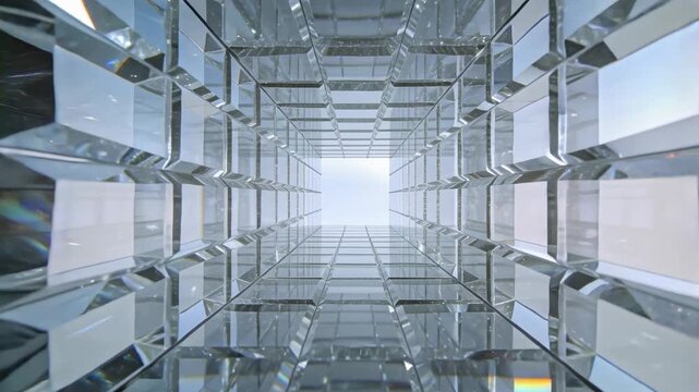 Advancing viewpoint moving through crystal grid tunnel toward bright aperture, showing prism flares