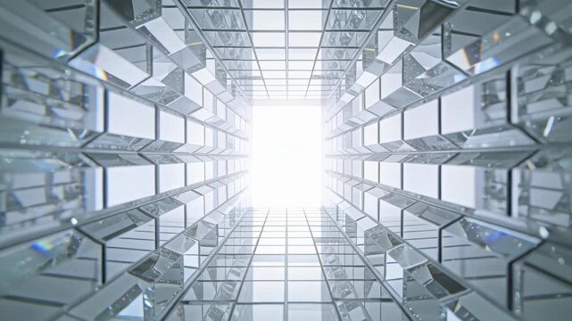 Advancing camera at start moving upward through atrium shaft toward skylight, revealing prism rows
