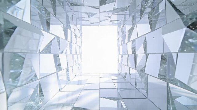 Camera starting viewpoint sliding through mirror tile tunnel toward bright exit, with prism flares