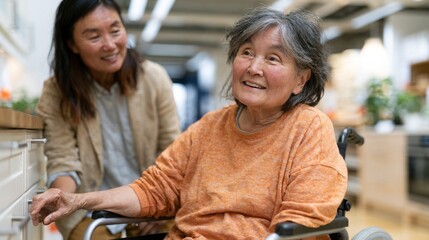 Obraz premium Elderly woman in wheelchair smiles while shopping for home goods with caregiver in modern store, bright interior with shelves of products visible in the background