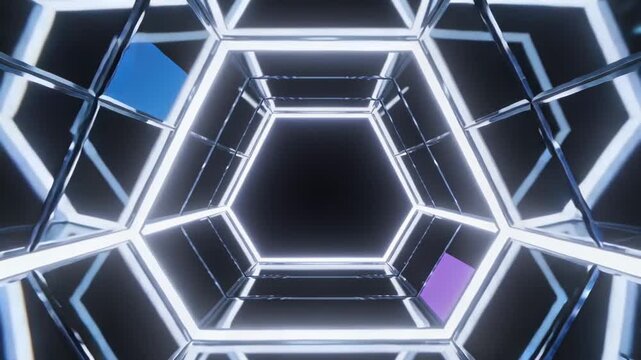 Starting camera push, nested hex light frames moving forward through mirrored walls, revealing void