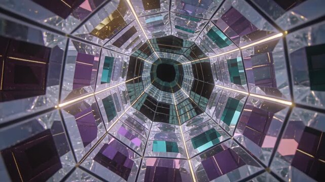 Moving camera advancing through mirrored octagon tunnel at gallery, shifting LEDs toward dark void