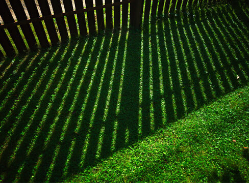 Diagonal fence shadow falling on the green lawn backdrop