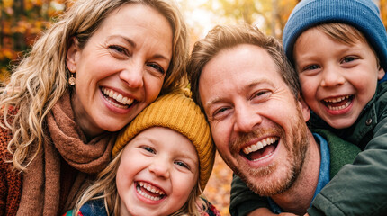 Fototapeta premium Smiling family of four with two children posing together outdoors in autumn, surrounded by colorful leaves, creating a joyful seasonal family atmosphere