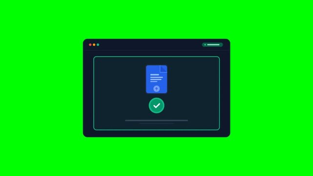 Digital document download animation on green screen, secure file transfer interface, verified electronic certificate icon
