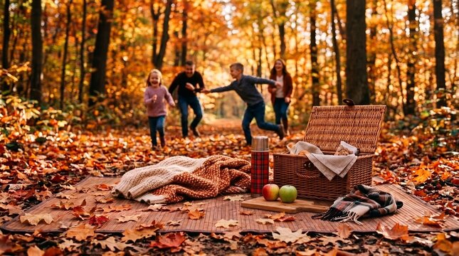 Family enjoying a picnic in a vibrant autumn forest with colorful leaves, a picnic basket, blanket and apples placed on a wooden mat, concept of seasonal outdoor atmosphere