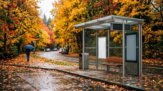 Bus stop shelter with a wooden bench surrounded by vibrant autumn foliage along a quiet road with a pedestrian carrying an umbrella, for public transportation, bus stops, autumn cityscapes