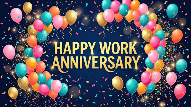 Festive happy work anniversary celebration with colorful balloons and confetti background