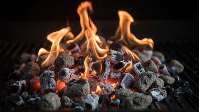 Glowing charcoal briquettes burning with bright orange flames on a barbecue grill. Ideal for summer cookout concepts and outdoor grilling advertisements.