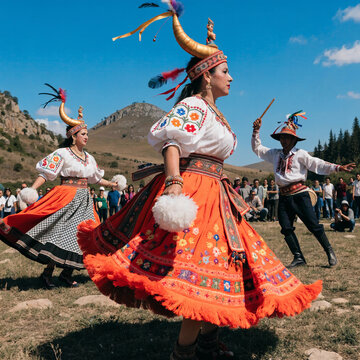 Traditional dancers in colorful costumes celebrate folklore in a mountain landscape