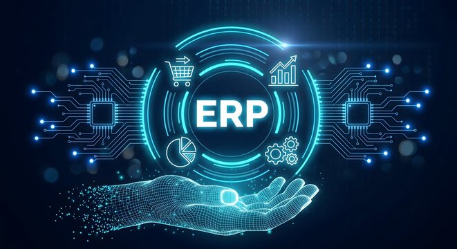 Enterprise Resource Planning ERP System Concept with Digital Wireframe Hand and Futuristic Tech Interface