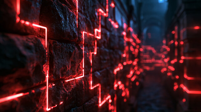 Futuristic Cyberpunk Corridor with Glowing Red Circuit Lights