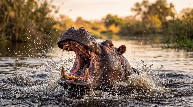 Aggressive Hippopotamus Opening Mouth with Water Splash in River