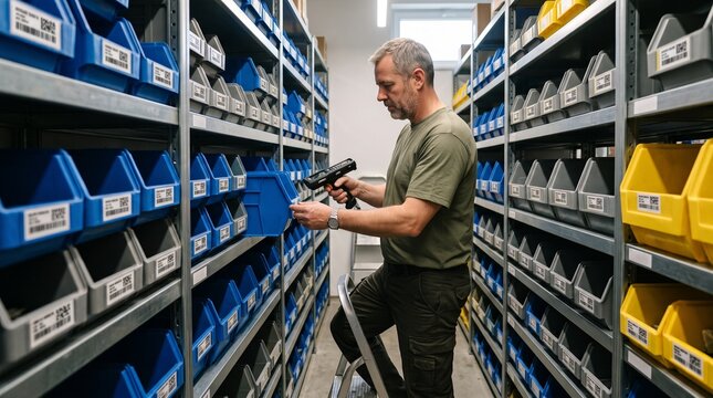 Warehouse inventory specialist scanning storage bins with a handheld barcode reader