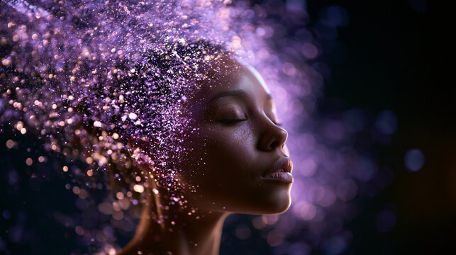 Creative Portrait of Woman with Purple Glitter Explosion