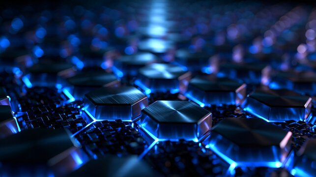 Futuristic Hexagonal Microchip Grid with Glowing Blue Light