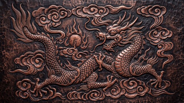 Traditional Chinese Dragon Embossed Copper Metal Relief Art