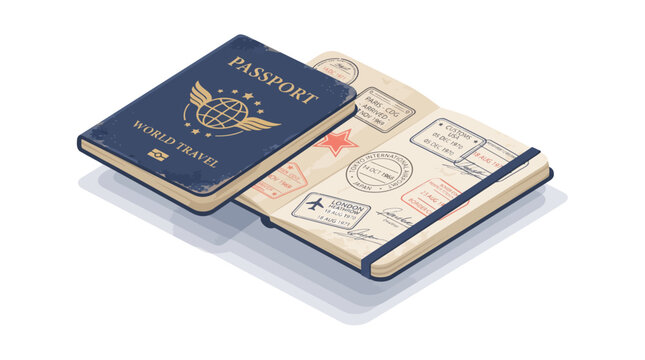 Open passport with world travel stamps and visa pages showing international destinations and dates