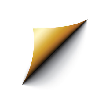 Golden paper corner curl with a soft shadow isolated on a clean white background for design elements