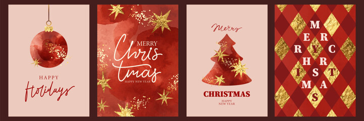 Naklejka premium Set of Merry Christmas, Happy New Year cards with red watercolor texture, golden foil stars, sparkles, rhombs. Christmas tree, bauble, geometric pattern. Luxury shiny holiday festive design. 