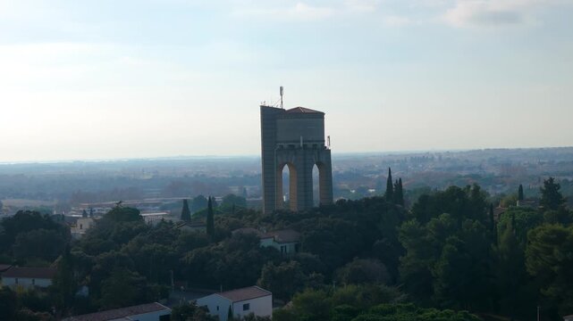 Aerial Establishing View Water Tower and Forest Landscape in Montpellier France