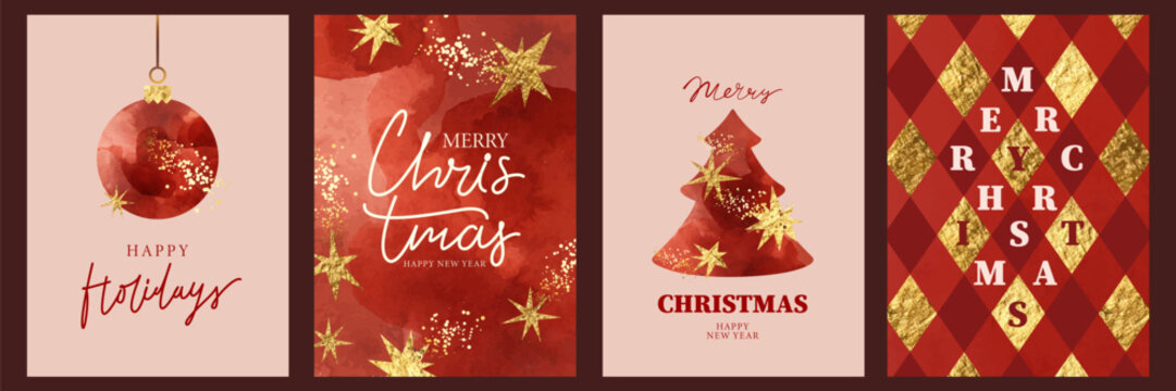 Set of Merry Christmas, Happy New Year cards with red watercolor texture, golden foil stars, sparkles, rhombs. Christmas tree, bauble, geometric pattern. Luxury shiny holiday festive design. 