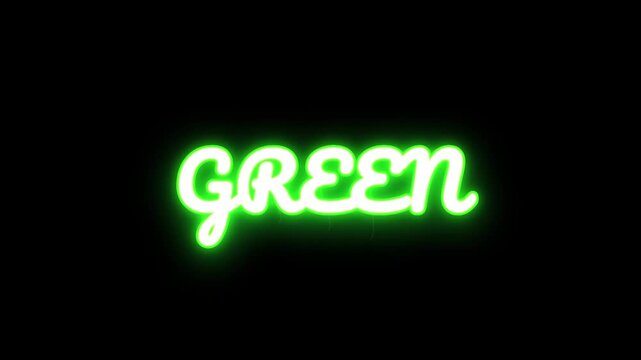 Bright green neon sign with the word green written in a stylish script font glowing against a dark black background for modern signage display