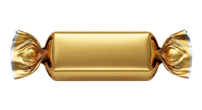 Shiny golden candy bar wrapped in metallic foil isolated on transparent background