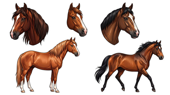 Detailed horse illustrations set with various poses isolated on transparent background