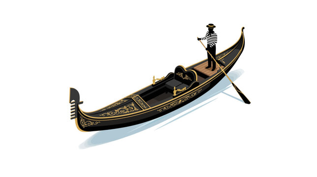 Venetian Gondola with Gondolier Navigating Waterway in Isometric View