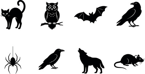 Obraz premium A collection of eight distinct black silhouettes representing iconic spooky and nocturnal animals often associated with Halloween themes and folklore in a clean minimalist style.