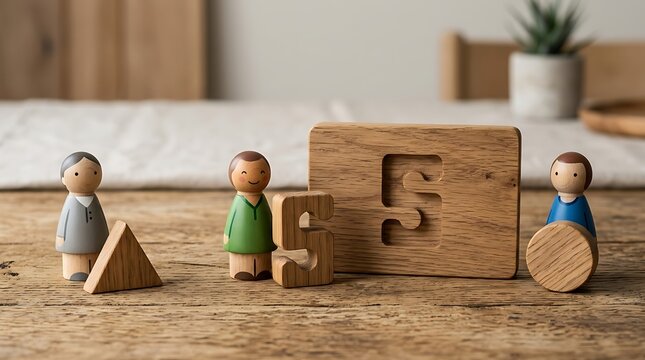 Wooden Montessori number puzzle toys with peg dolls on a rustic table for early childhood education