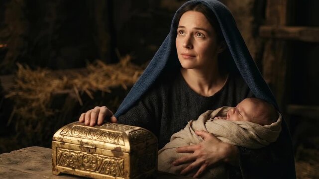 virgin Mary in blue veil contemplative at a rustic wooden table within a dark barn setting holds the newborn baby Jesus Christ swaddled in cloth her hand resting on an intricate gold treasure chest pr