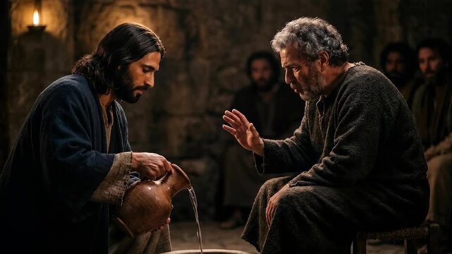 Biblical scene showing humble jesus christ washing the feet of saint peter using a clay jug inside a dimly lit rustic stone room surrounded by observing disciples during passover