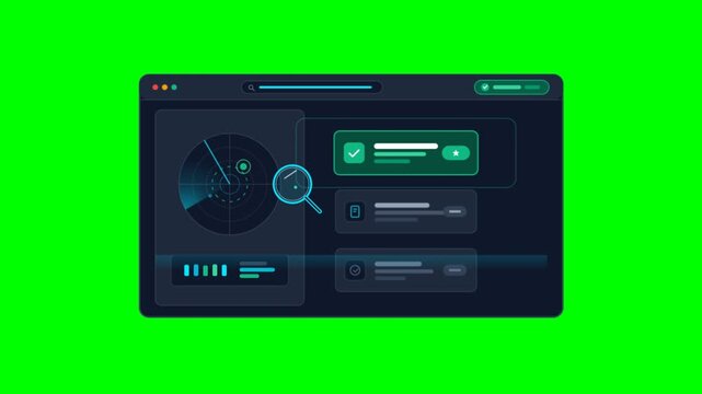 Cybersecurity dashboard animation on green screen, digital data interface with radar and search icons, dark tech UI elements
