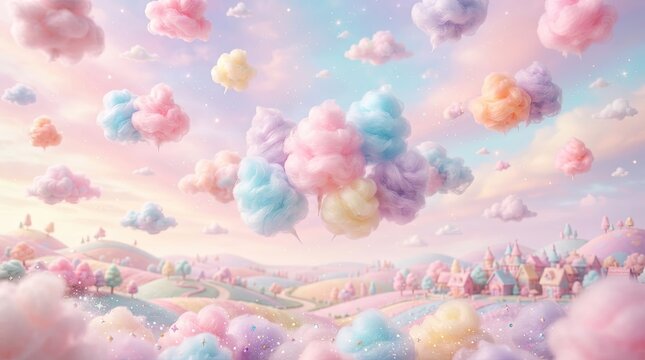 Pastel fantasy landscape featuring floating cotton candy clouds over a whimsical village with rolling hills with above dreamy landscape pastel colors drift illustration atmospheric imagination