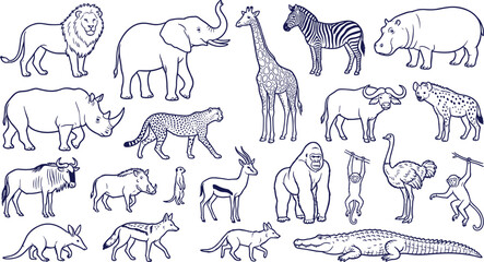 Fototapeta premium African Safari Wild Animal Line Art Vector Set with Lion Elephant Giraffe Zebra Cheetah Rhino and Crocodile for Educational Nature Designs