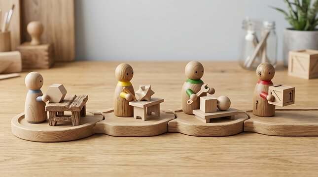 Wooden peg dolls engaged in miniature construction work on a modular workshop bench table setting