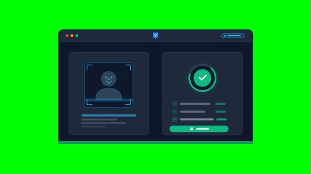 Biometric facial recognition interface, digital identity verification dashboard, secure login authentication screen on green background