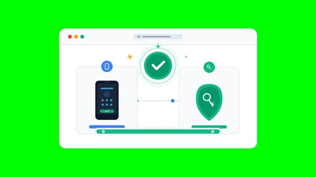 Cyber security interface animation on green screen. Digital data protection and secure login concept. Network safety icons in web browser.