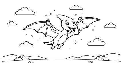 A cute flying pterodactyl dinosaur in a simple line art style perfect as a fun educational coloring page for young children © MdHabibur