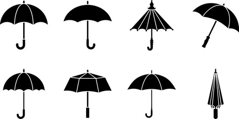 Set of black umbrella icons in various shapes and styles © Mst Joyna Begum