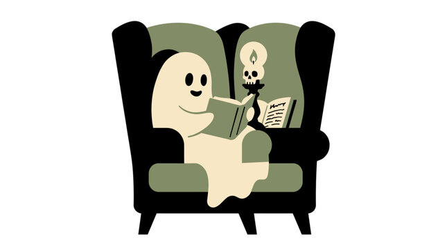 Cute ghost character reading book in armchair with candle, Halloween vector illustration isolated on white