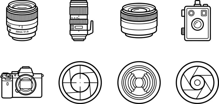 Set of camera equipment icons including lenses, camera bodies, and aperture blades