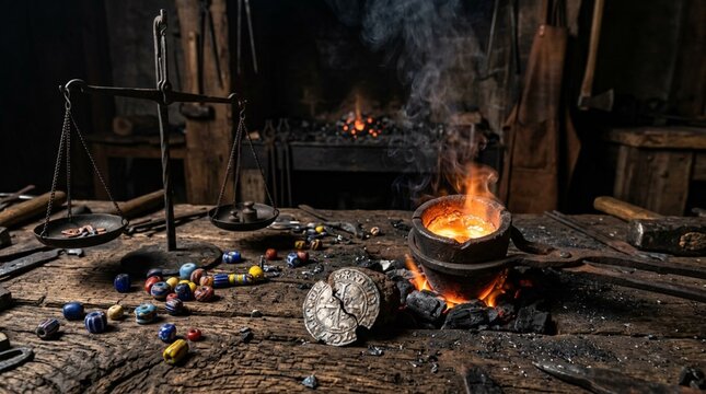 Close-up of weathered silver coin fragment beside glowing molten metal crucible in blacksmith workshop with scales and scattered colorful scraps