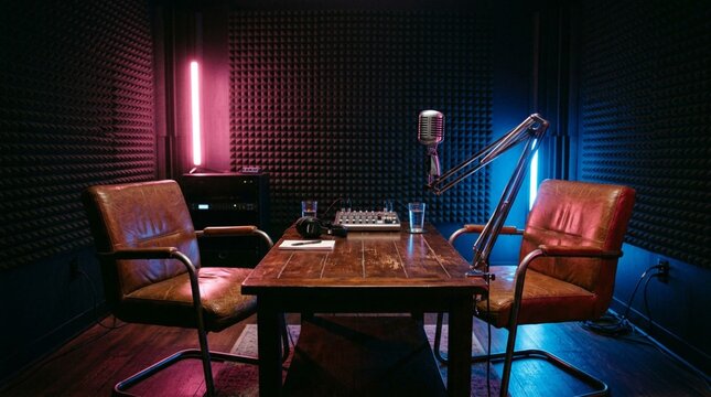 Retro podcast studio with vintage chrome microphone on wooden table, two leather armchairs, neon pink and blue lights, black soundproof foam panels lining dark walls, moody atmosphere