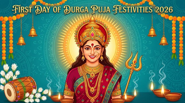 First day of durga puja festivities 2026 vertical poster concept with goddess durga deity and traditional elements festival celebration hinduism