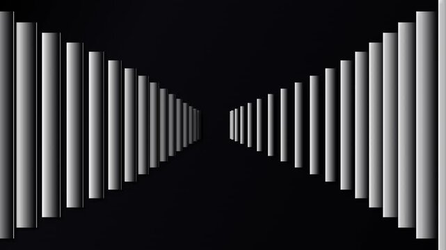 Abstract background with repeating vertical gray gradient pillars forming a perspective tunnel leading to a dark center point